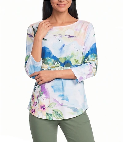 Allison Daley Island Harbor Print 3/4 Sleeve Boat Neck Knit Top