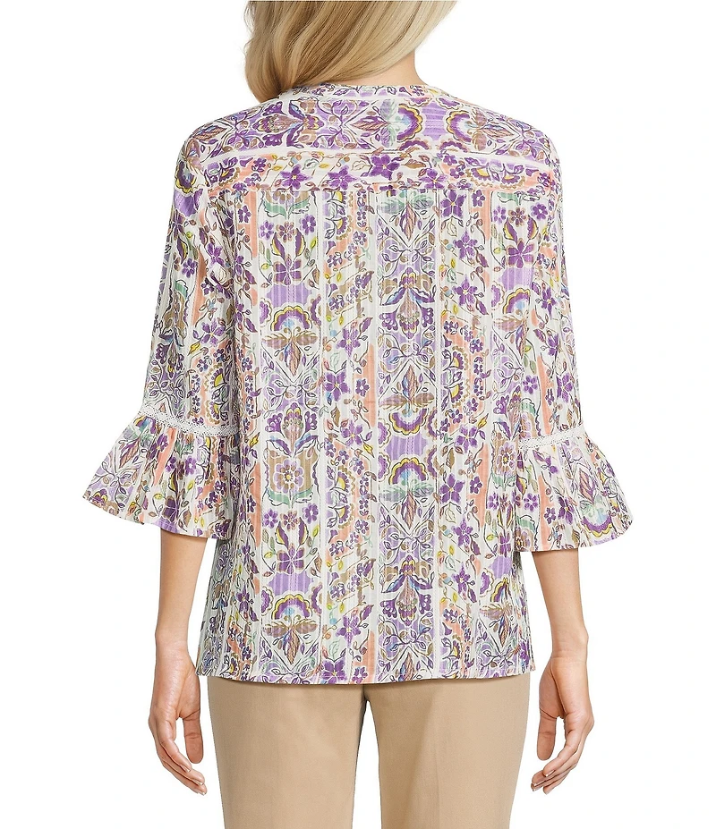 Allison Daley Lavender Garden Print 3/4 Bell Sleeve Button Front Y-Neck Blouse