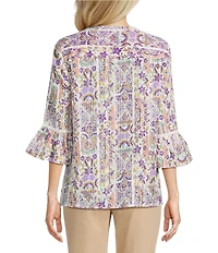 Allison Daley Lavender Garden Print 3/4 Bell Sleeve Button Front Y-Neck Blouse