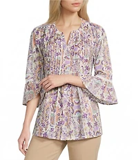 Allison Daley Lavender Garden Print 3/4 Bell Sleeve Button Front Y-Neck Blouse