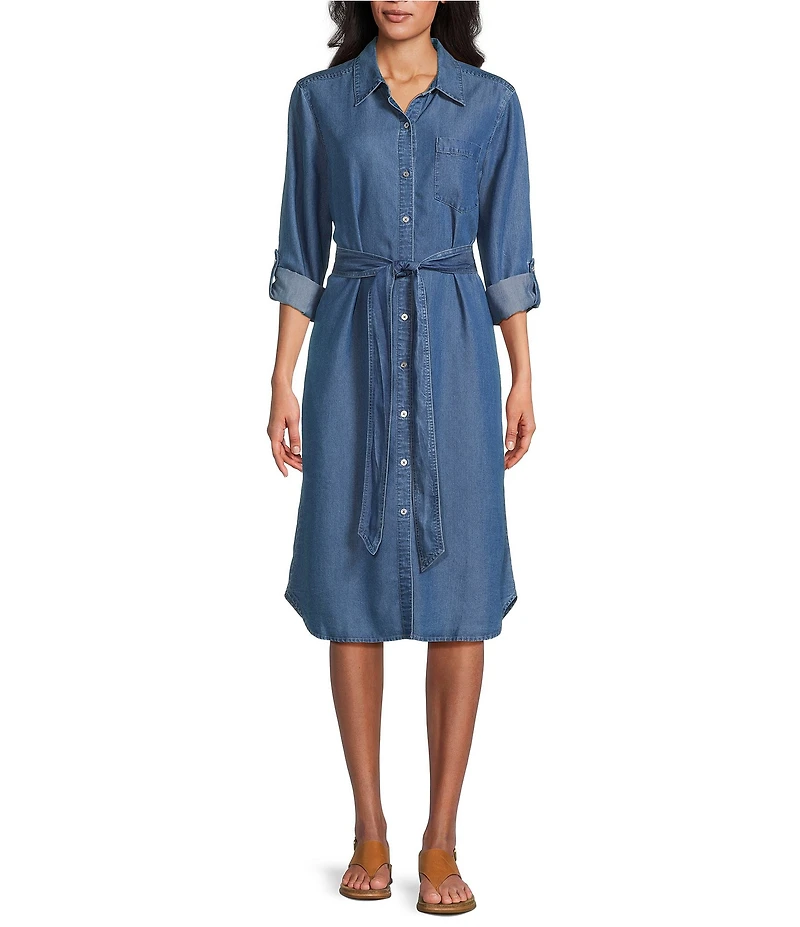 Allison Daley Light Indigo Wash Long Roll-Tab Sleeve Point Collar Neck Lyocell Denim Midi Shirt Dress