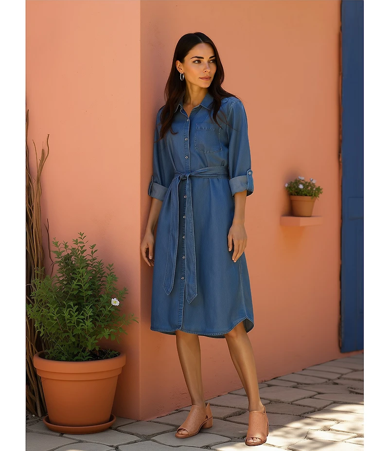 Allison Daley Light Indigo Wash Long Roll-Tab Sleeve Point Collar Neck Lyocell Denim Midi Shirt Dress