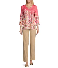 Allison Daley Living Floral Print 3/4 Sleeve Criss Cross V-Neck Knit Top