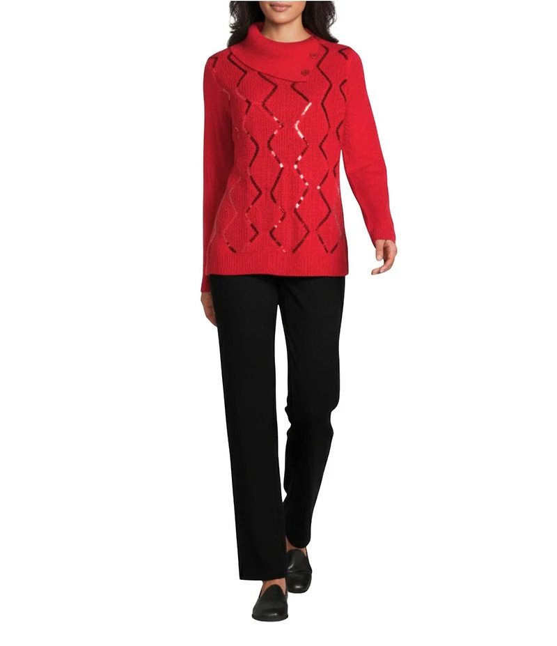 Allison Daley Long Sleeve Envelope Neck Rib Trim Sequin Sweater