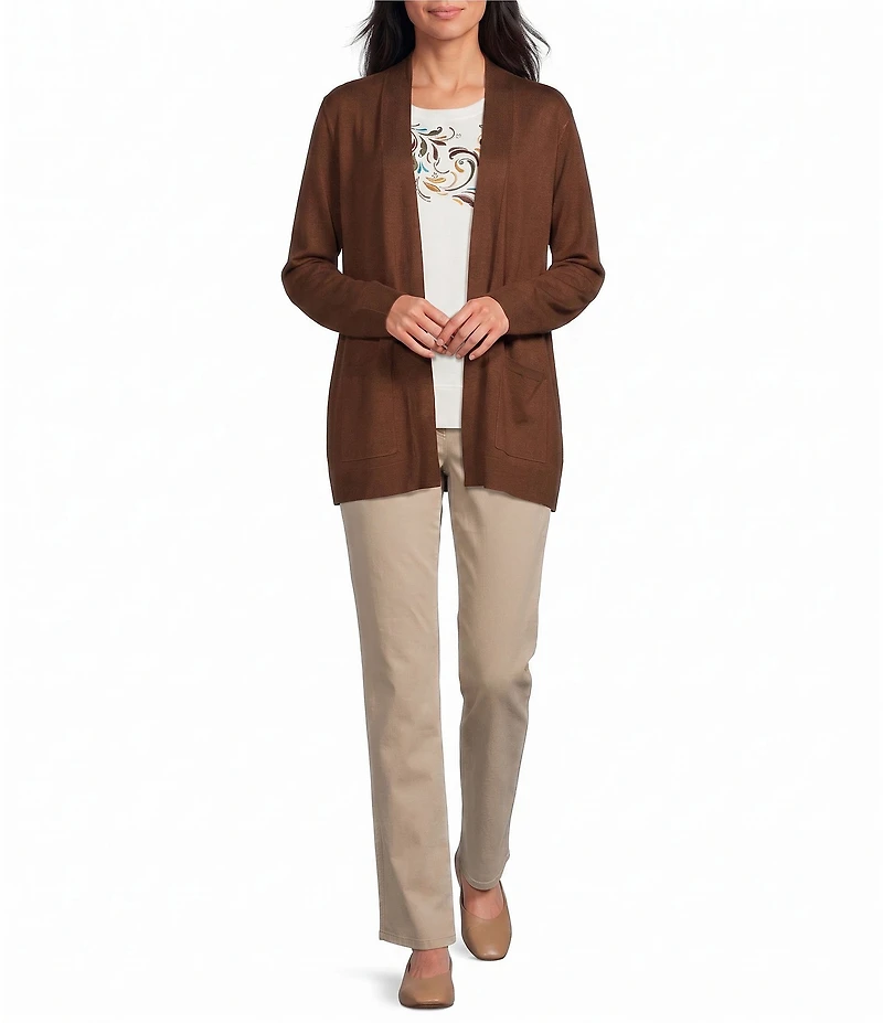 Allison Daley Long Sleeve Open-Front Rib Trim Cardigan