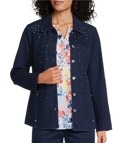 Allison Daley Embellished Long Sleeve Point Collar Button Front Knit Denim Jacket