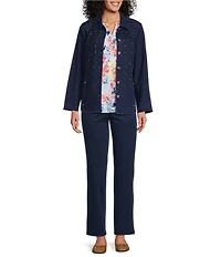 Allison Daley Embellished Long Sleeve Point Collar Button Front Knit Denim Jacket