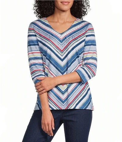 Allison Daley Miter Stripe 3/4 Sleeve V-Neck Knit Top