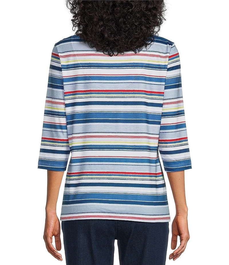 Allison Daley Miter Stripe 3/4 Sleeve V-Neck Knit Top