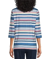 Allison Daley Miter Stripe 3/4 Sleeve V-Neck Knit Top