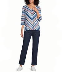 Allison Daley Miter Stripe 3/4 Sleeve V-Neck Knit Top
