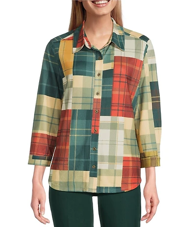 Allison Daley Mix & Match Plaid Print 3/4 Sleeve Point Collar Button Front Shirt