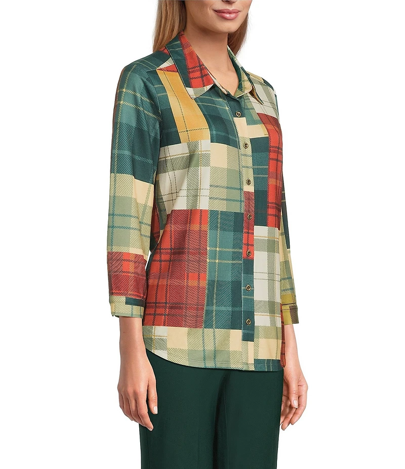 Allison Daley Mix & Match Plaid Print 3/4 Sleeve Point Collar Button Front Shirt