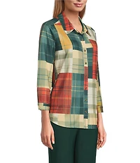 Allison Daley Mix & Match Plaid Print 3/4 Sleeve Point Collar Button Front Shirt