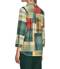 Allison Daley Mix & Match Plaid Print 3/4 Sleeve Point Collar Button Front Shirt