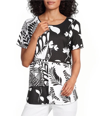 Allison Daley Mixed Floral Print Short Sleeve Crew Neck Knit Top