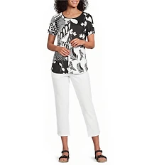 Allison Daley Mixed Floral Print Short Sleeve Crew Neck Knit Top