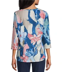 Allison Daley Mosaic Floral Print 3/4 Sleeve Crew Neck Knit Top