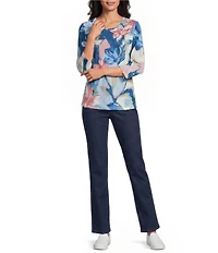 Allison Daley Mosaic Floral Print 3/4 Sleeve Crew Neck Knit Top