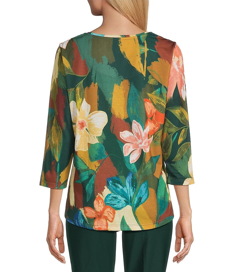 Allison Daley Mosiac Floral Print 3/4 Sleeve Crew Neck Knit Top