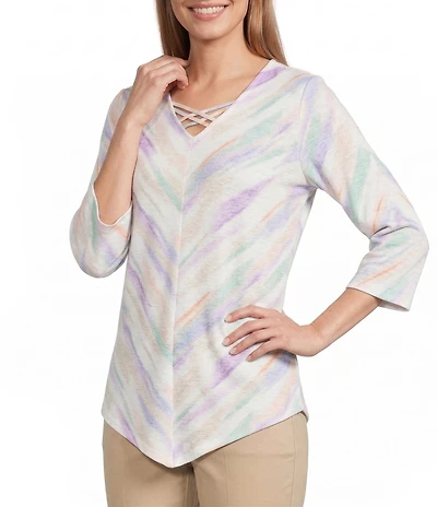 Allison Daley Multi Brush Stripe 3/4 Sleeve Crisscross V-Neck Knit Top
