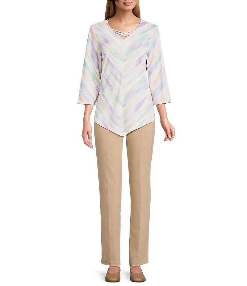 Allison Daley Multi Brush Stripe 3/4 Sleeve Crisscross V-Neck Knit Top