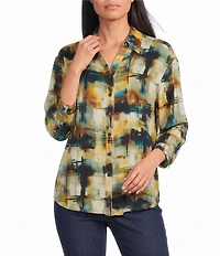 Allison Daley Multi Check 3/4 Sleeve Button Front Point Collar Blouse