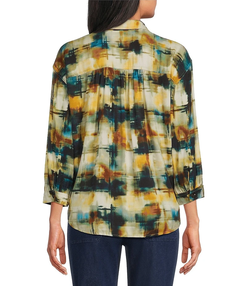 Allison Daley Multi Check 3/4 Sleeve Button Front Point Collar Blouse