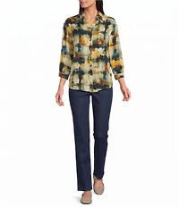 Allison Daley Multi Check 3/4 Sleeve Button Front Point Collar Blouse
