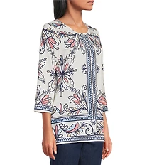 Allison Daley Multi Floral Muse Print 3/4 Bell Sleeve Crew Neck Top