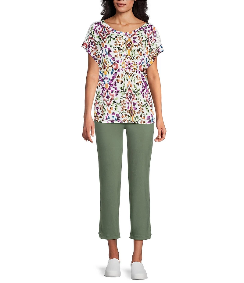 Allison Daley Multi Mosaic Pattern Short Sleeve V-Neck Knit Top