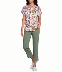 Allison Daley Multi Mosaic Pattern Short Sleeve Scoop Neck Knit Top