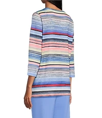 Allison Daley Multi Stripe Embellished 3/4 Sleeve Crew Neck Scuba Knit Top