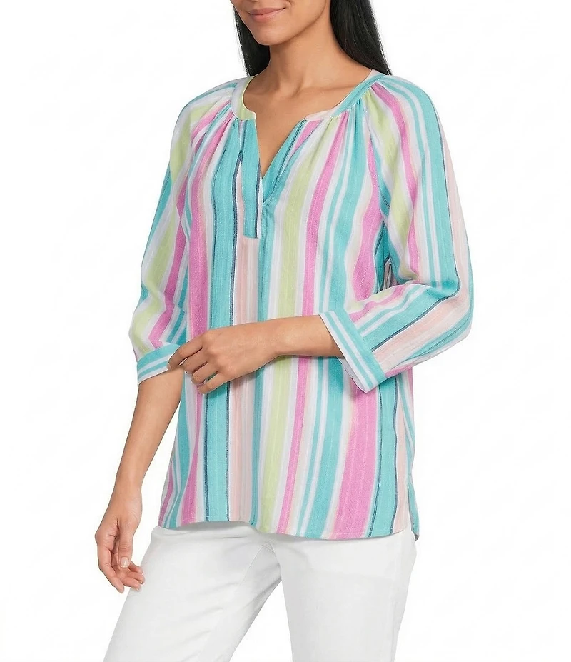 Allison Daley Multi Stripe Print 3/4 Sleeve Y-Neck Blouse