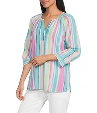 Allison Daley Multi Stripe Print 3/4 Sleeve Y-Neck Blouse
