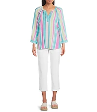 Allison Daley Multi Stripe Print 3/4 Sleeve Y-Neck Blouse