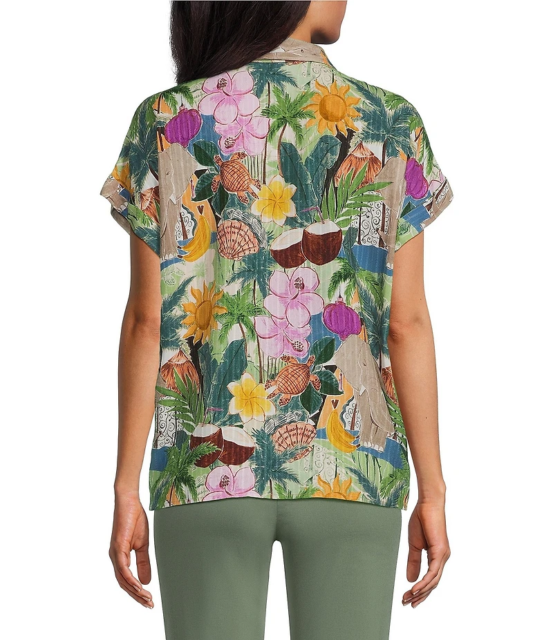 Allison Daley Multi Tropics Print Short Sleeve Point Collar Button Front Tie Hem Top