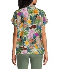 Allison Daley Multi Tropics Print Short Sleeve Point Collar Button Front Tie Hem Top