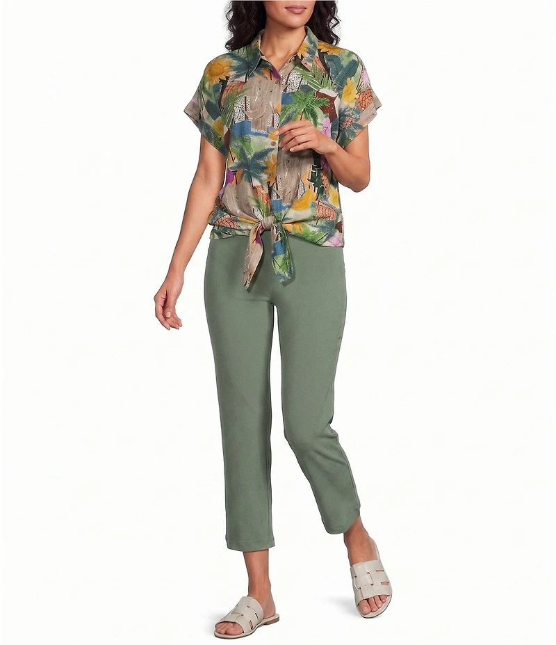 Allison Daley Multi Tropics Print Short Sleeve Point Collar Button Front Tie Hem Top