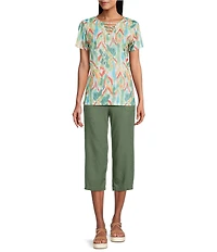 Allison Daley Natural Ikat Print Short Sleeve Criss-Cross Keyhole Neck Short Sleeve Jersey Knit Top