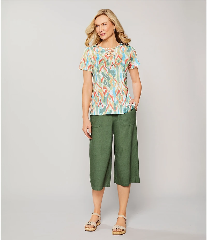 Allison Daley Natural Ikat Print Short Sleeve Criss-Cross Keyhole Neck Short Sleeve Jersey Knit Top