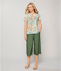 Allison Daley Natural Ikat Print Short Sleeve Criss-Cross Keyhole Neck Short Sleeve Jersey Knit Top