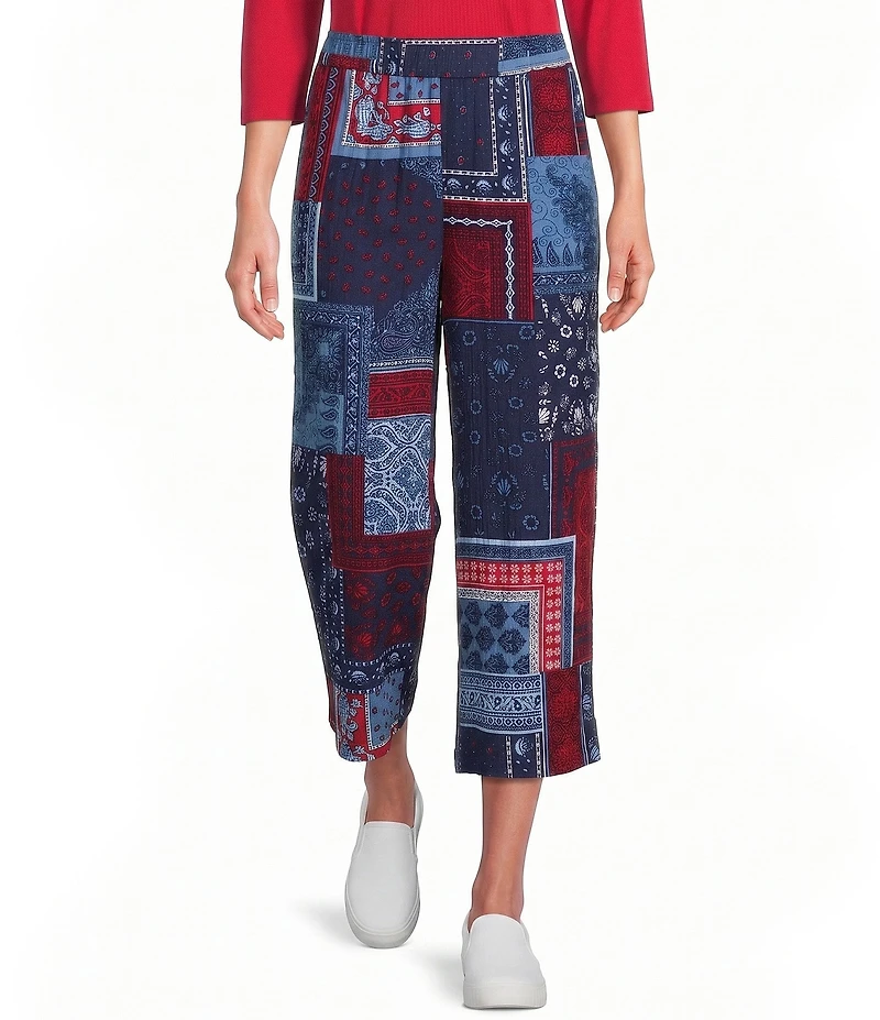 Allison Daley Navy Bandana Patchwork Pull-On Crinkle Soft Crop Pants