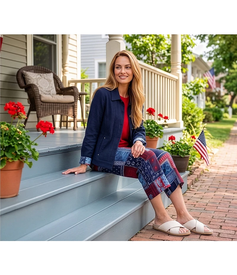 Allison Daley Navy Bandana Patchwork Pull-On Crinkle Soft Crop Pants