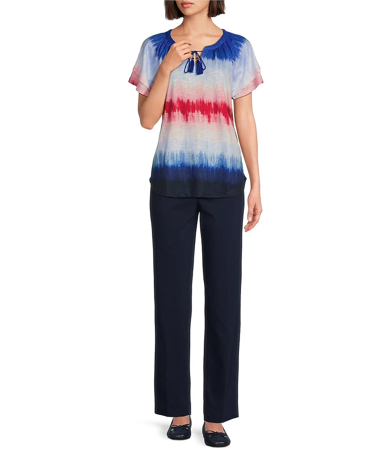 Allison Daley Navy Ombre Print Flutter Sleeve Tassel Tie Neck Knit Top