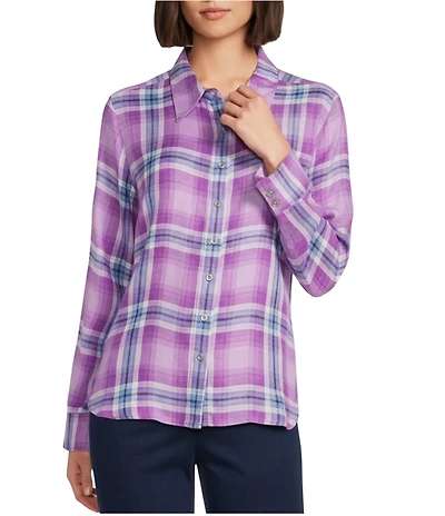 Allison Daley Ombre Plaid Long Sleeve Point Collar Button Front Shirt