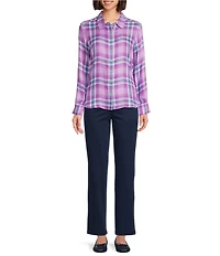 Allison Daley Ombre Plaid Long Sleeve Point Collar Button Front Shirt