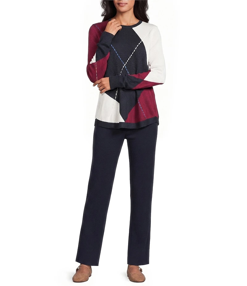 Allison Daley Oversized Argyle Long Sleeve Crew Neck Curve Hem Sweater
