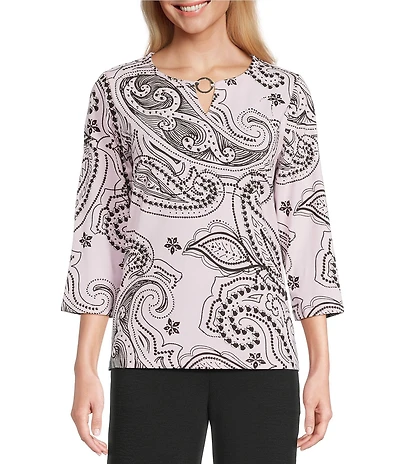 Allison Daley Paisley Flourish Keyhole Neck 3/4 Sleeve Knit Top
