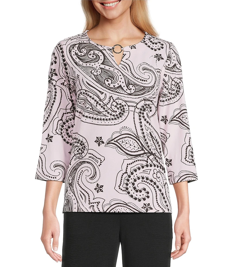 Allison Daley Paisley Flourish Keyhole Neck 3/4 Sleeve Knit Top